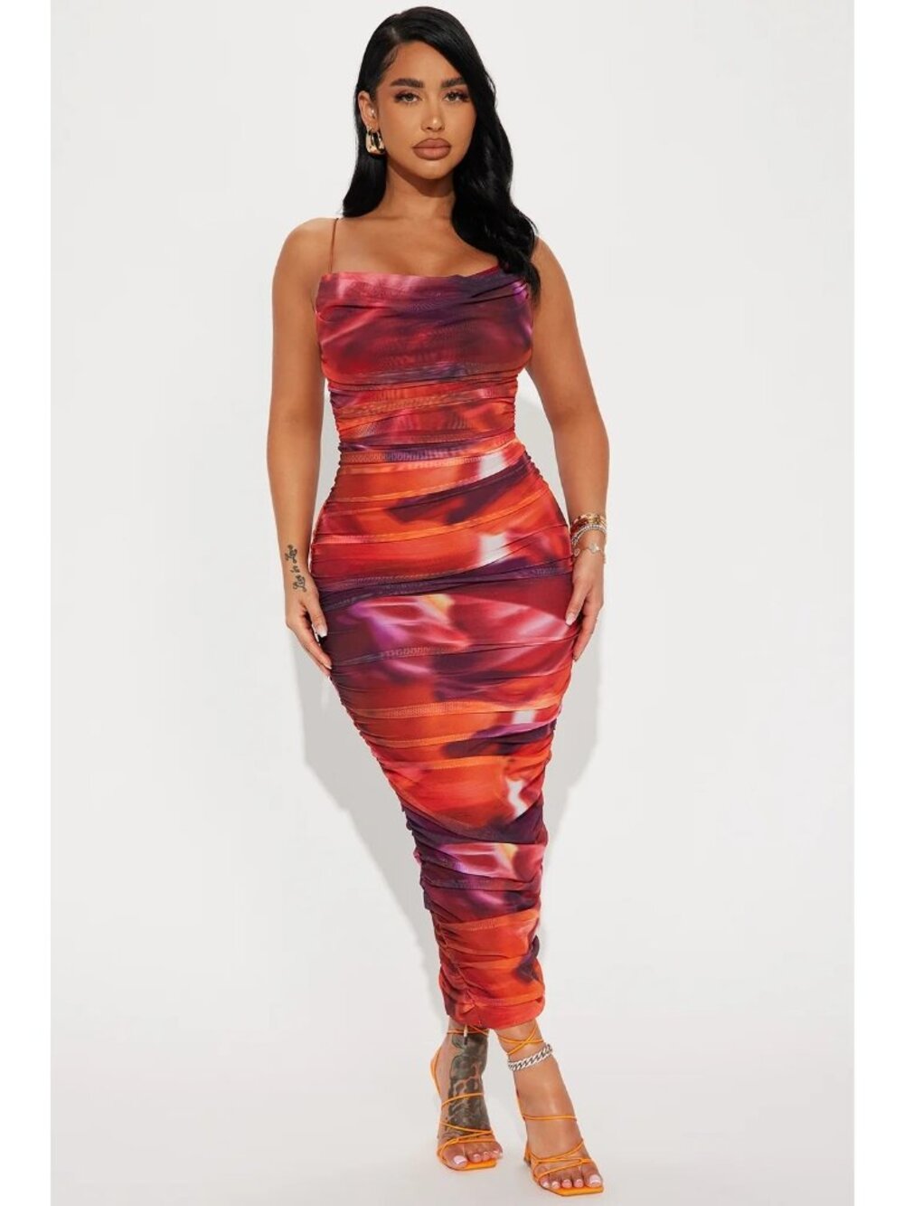 Fashion Nova Firing In Love Midi Dress Size 3X Red Combo Ruched Mesh Sleeveless